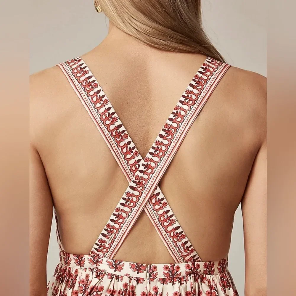 NWT J CREW Embroidered apron dress in block print in Warm Sesame Red